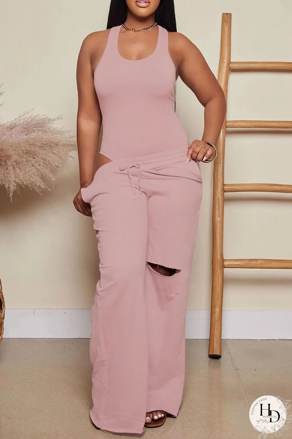 Yellow Casual Solid Ripped Patchwork U Neck Sleeveless Two Pieces