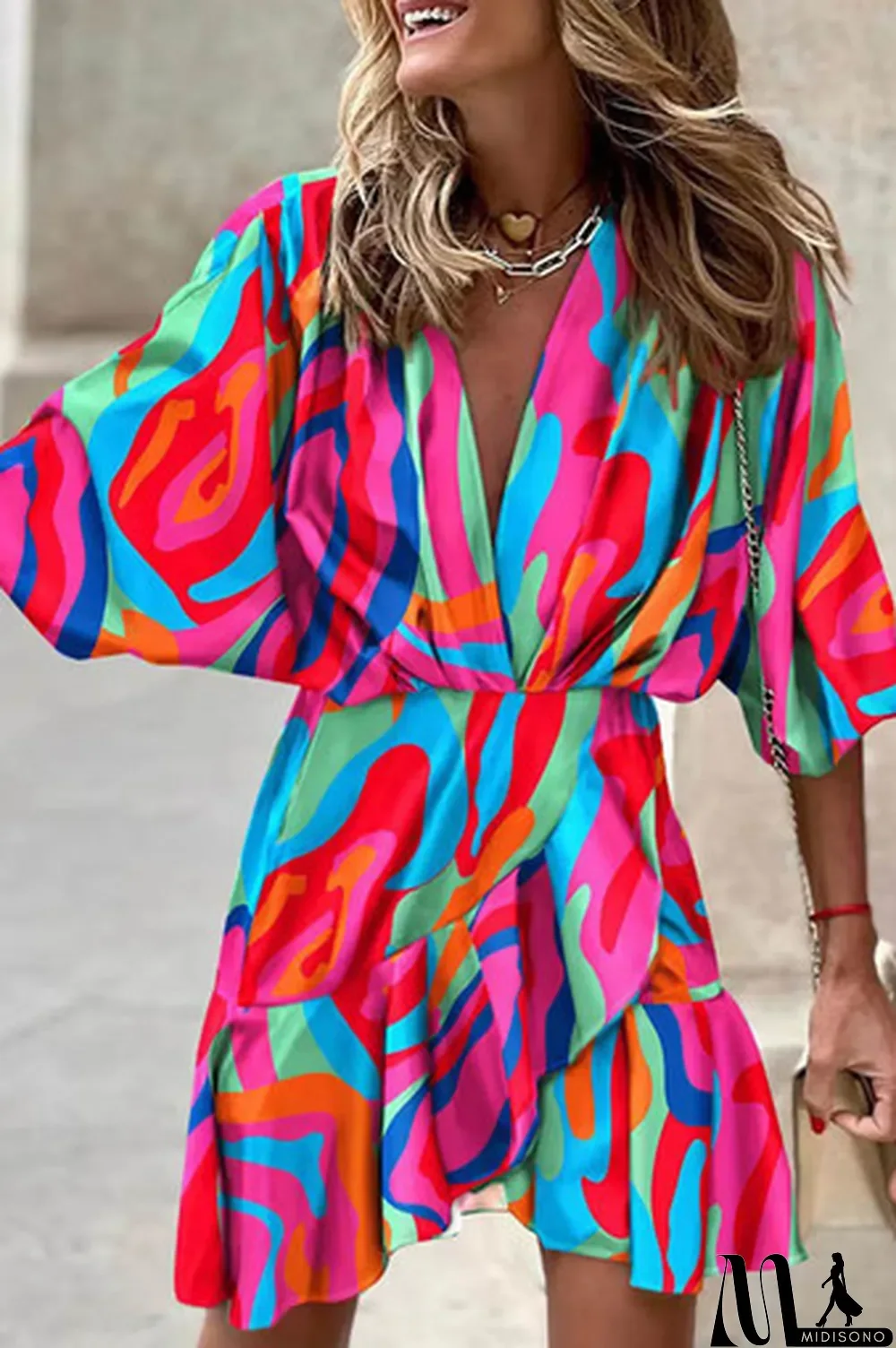 MidiSono - Multicolor Abstract/Zebra Printed V Neck Dolman Sleeve Ruffle Wrap Dress