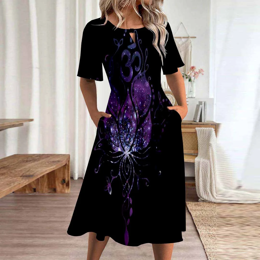 Women Graphic,Black DZHA8384 Short Sleeve Scoop Neck Graphic Printed Hollow Midi Dress