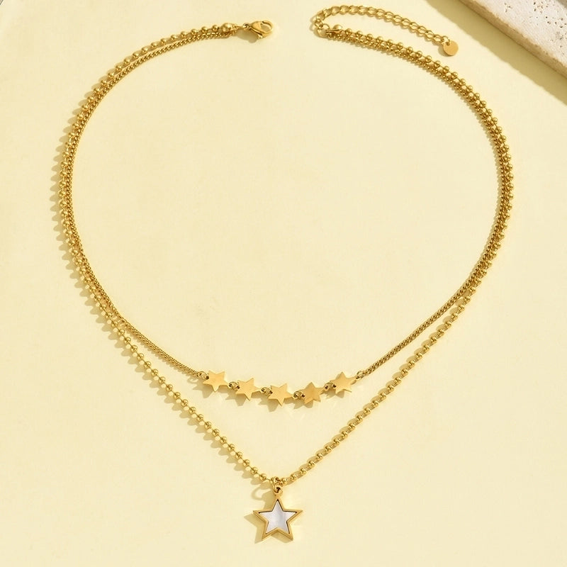 Sweet Star 304 Stainless Steel Shell 14K Gold Plated Polishing Plating Inlay Double Layer Necklaces