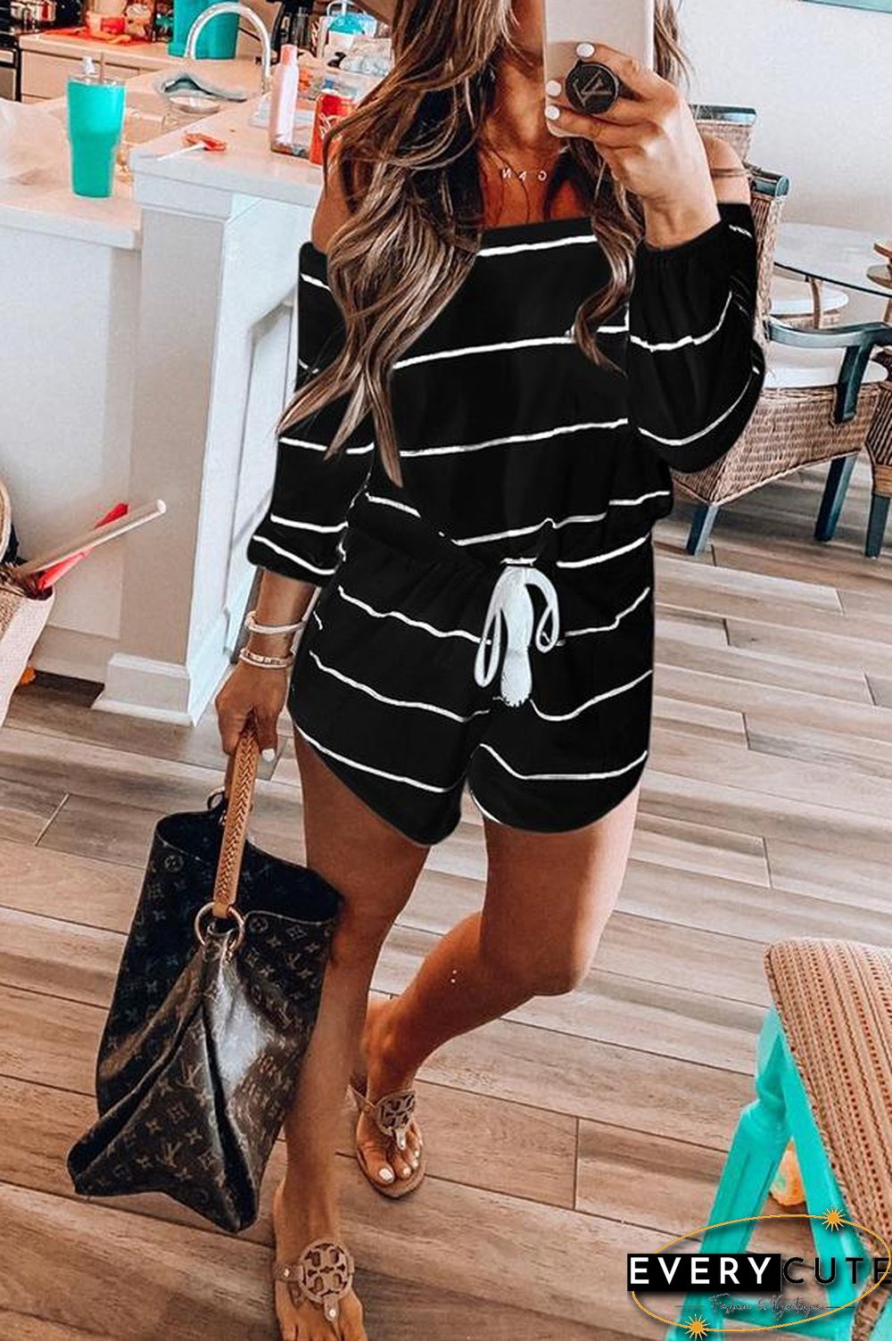 Off Shoulder Striped Printed Drawstring Romper P13659