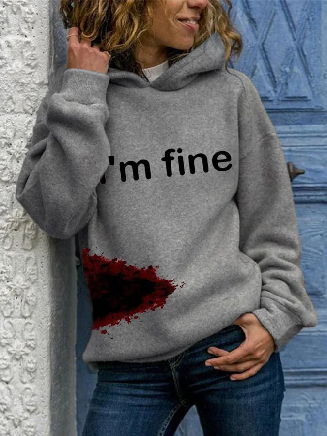 Women's Halloween Funny I'M FINE Bloodstained Print Hoodie