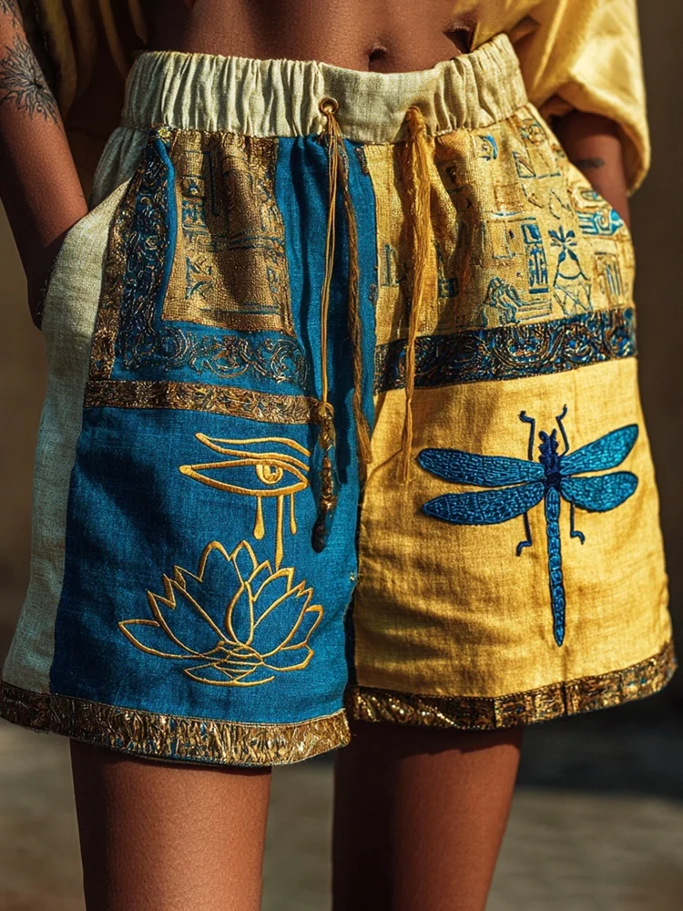 Vintage Egyptian & Dragonfly Pattern Women's Linen Mini Shorts
