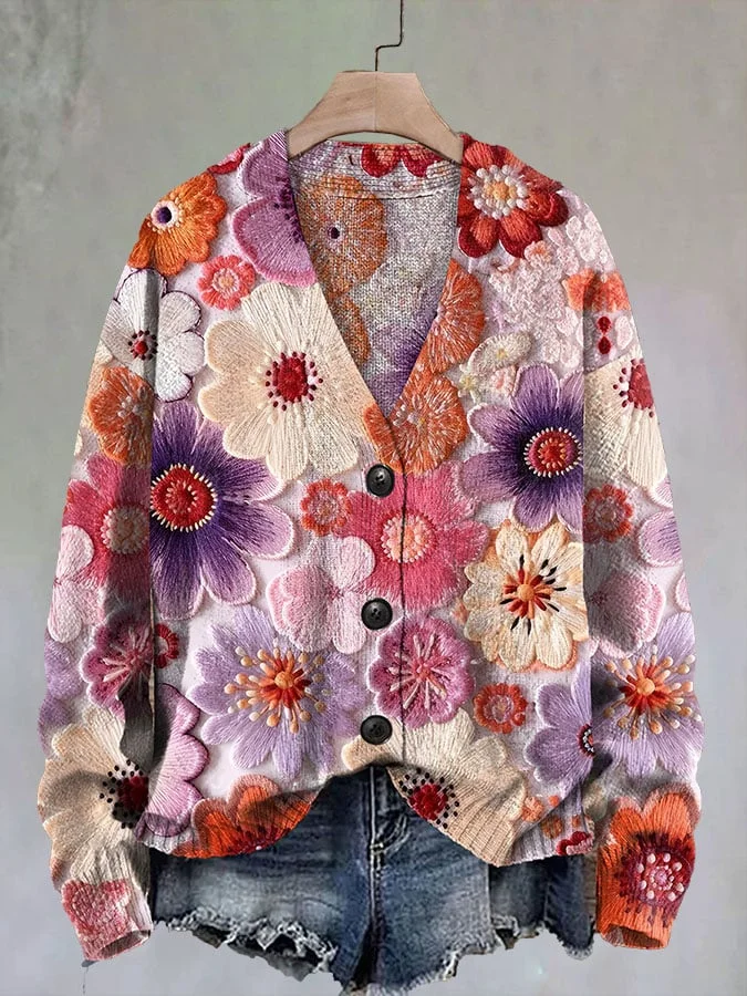 Women's Fashion Christmas Floral Print Sweater Cardigan
