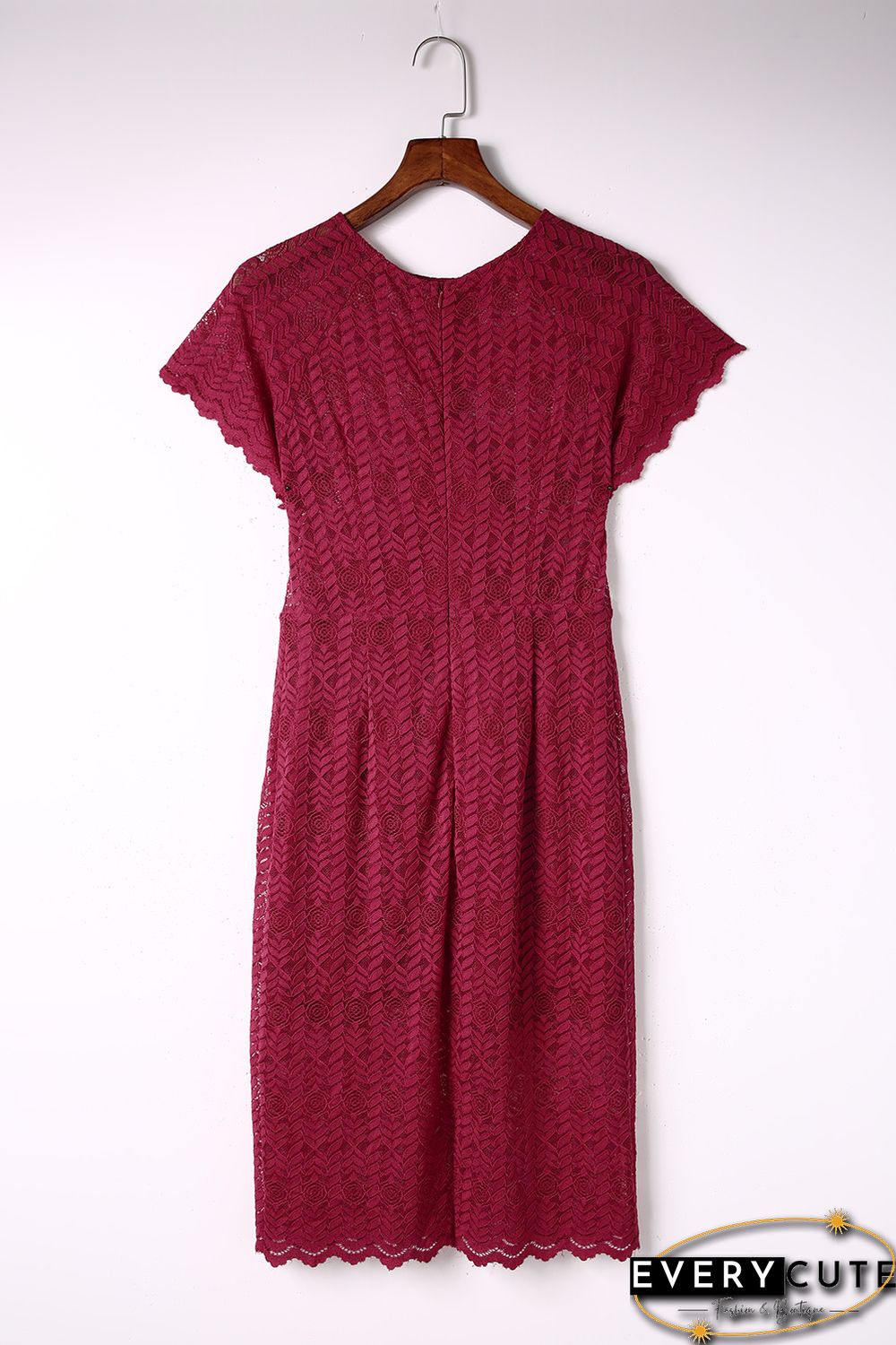 Red Crochet Short Sleeves Lined Midi Dress