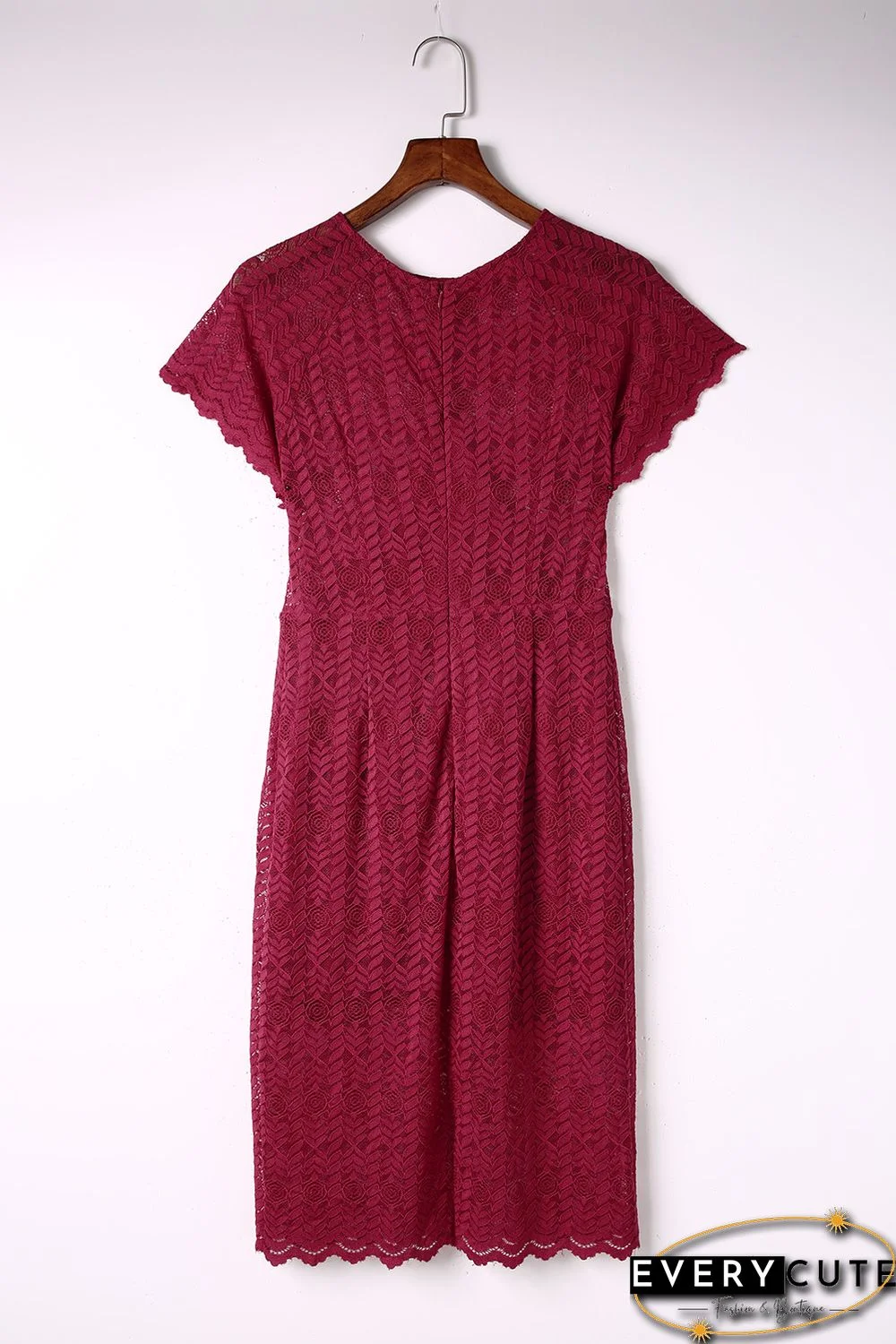 Red Crochet Short Sleeves Lined Midi Dress