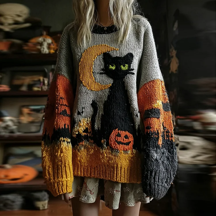 Halloween Black Cat And Pumpkin Art Patch Cozy Knit Sweater