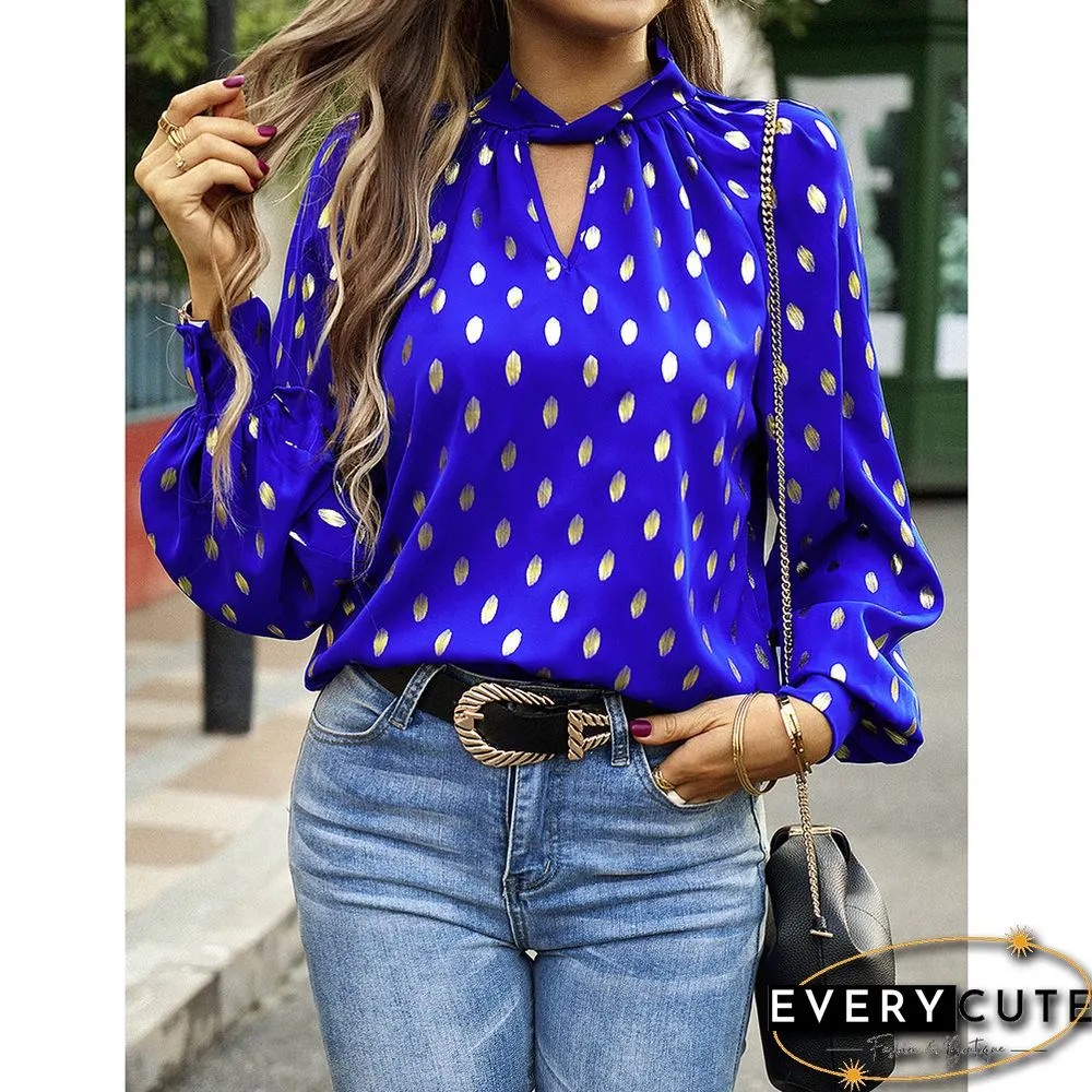 Royal Blue Notched Neck Pleated Cuffs Long Sleeve Tops