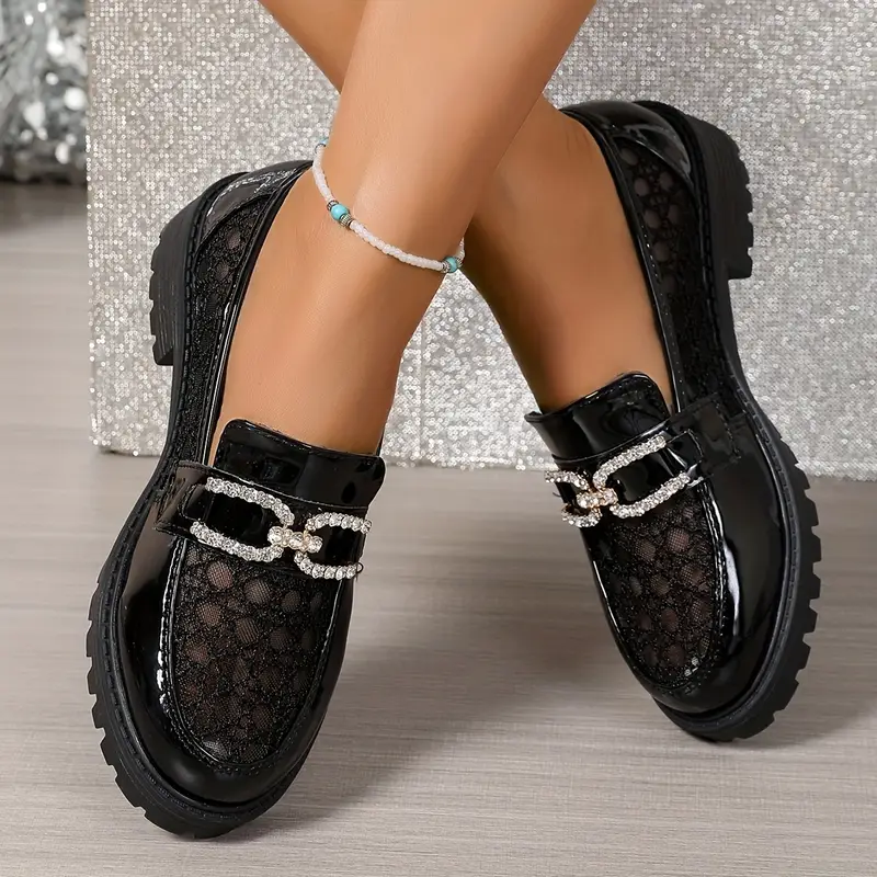 Oddychające mokasyny z siatki dla kobiet w kratę i akcenci KryszTałowie - buty preppy ze Stroczoną podszwą do pracy co dzień, czarne & biafe, urokze sznurowane loaferki, wiścienie z tkaniny 9