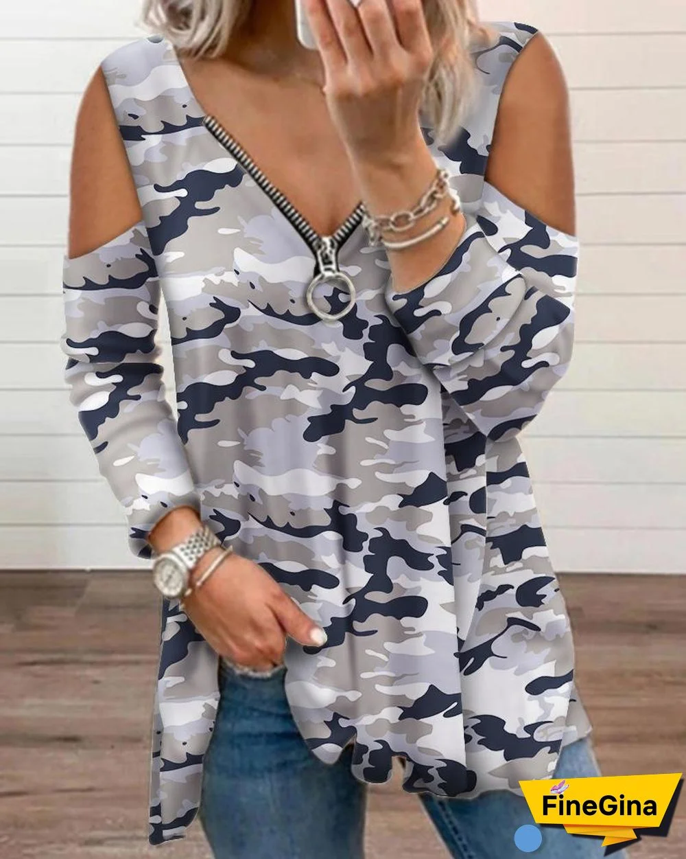 Camouflage Print Zipper Design Cutout Long Sleeve Top