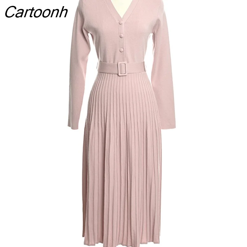 Cartoonh Elegant Autumn Knitted Pleated Dress V-neck Belted Single-breasted Women Sweater Midi Dress 2023 A-line Vestidos