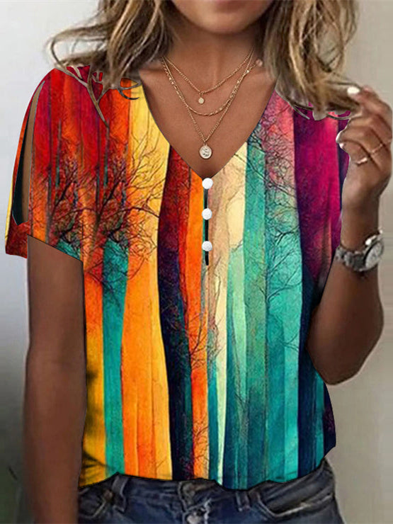 Women Long Sleeve V-neck Graphic Floral Printed Top