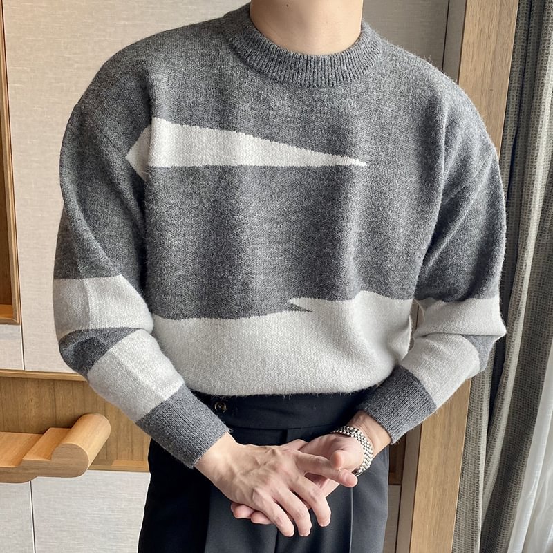 Round Neck Contrast Long-sleeved Knitted Sweater