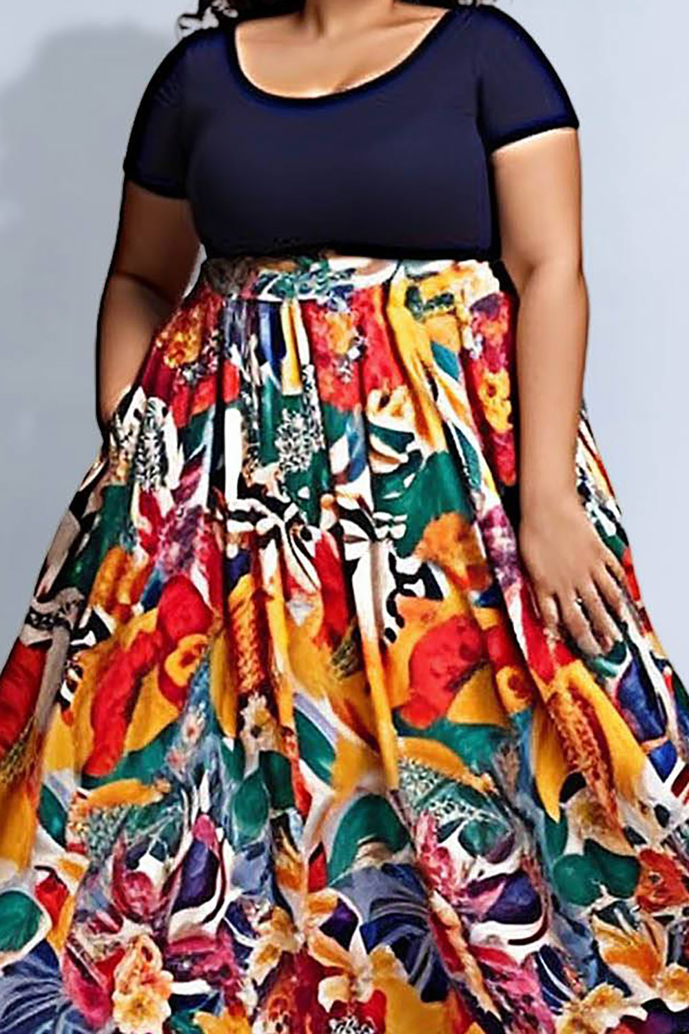 Design Plus Size Daily Multicolor Floral Round Neck Short Sleeve Contrast Knitted Maxi Dresses [Pre-Order]