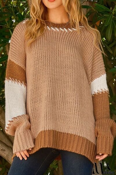 MidiSono - Color Block Round Neck Dropped Shoulder Sweater