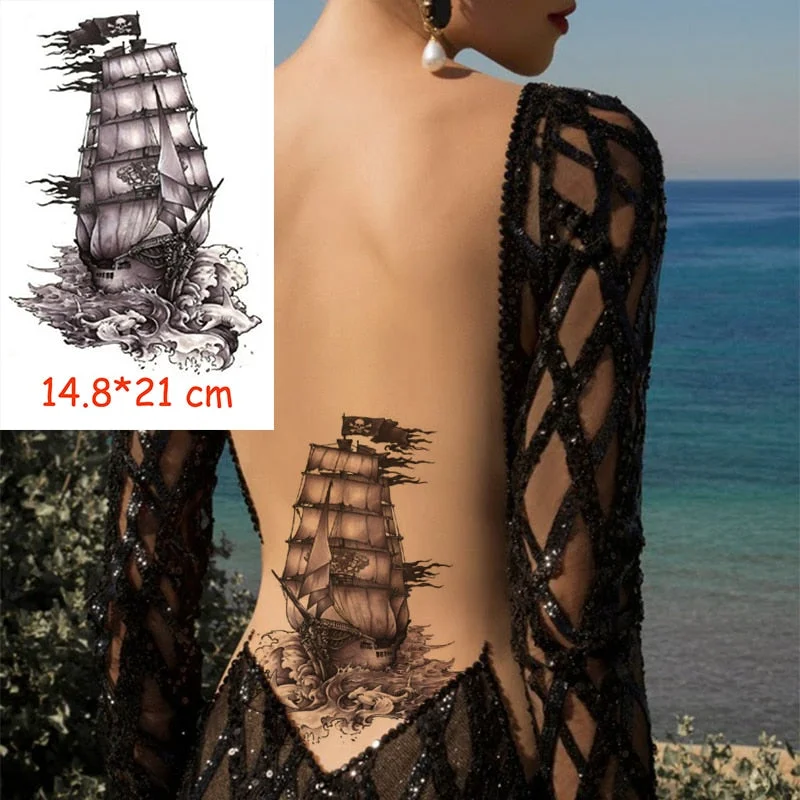 Waterproof Temporary Tattoo Sticker Pirate Ship Skull Flag Tatoo Water Transfer Fake Tatoo Flash Tatto Woman Man Kid 14.8*21 Cm