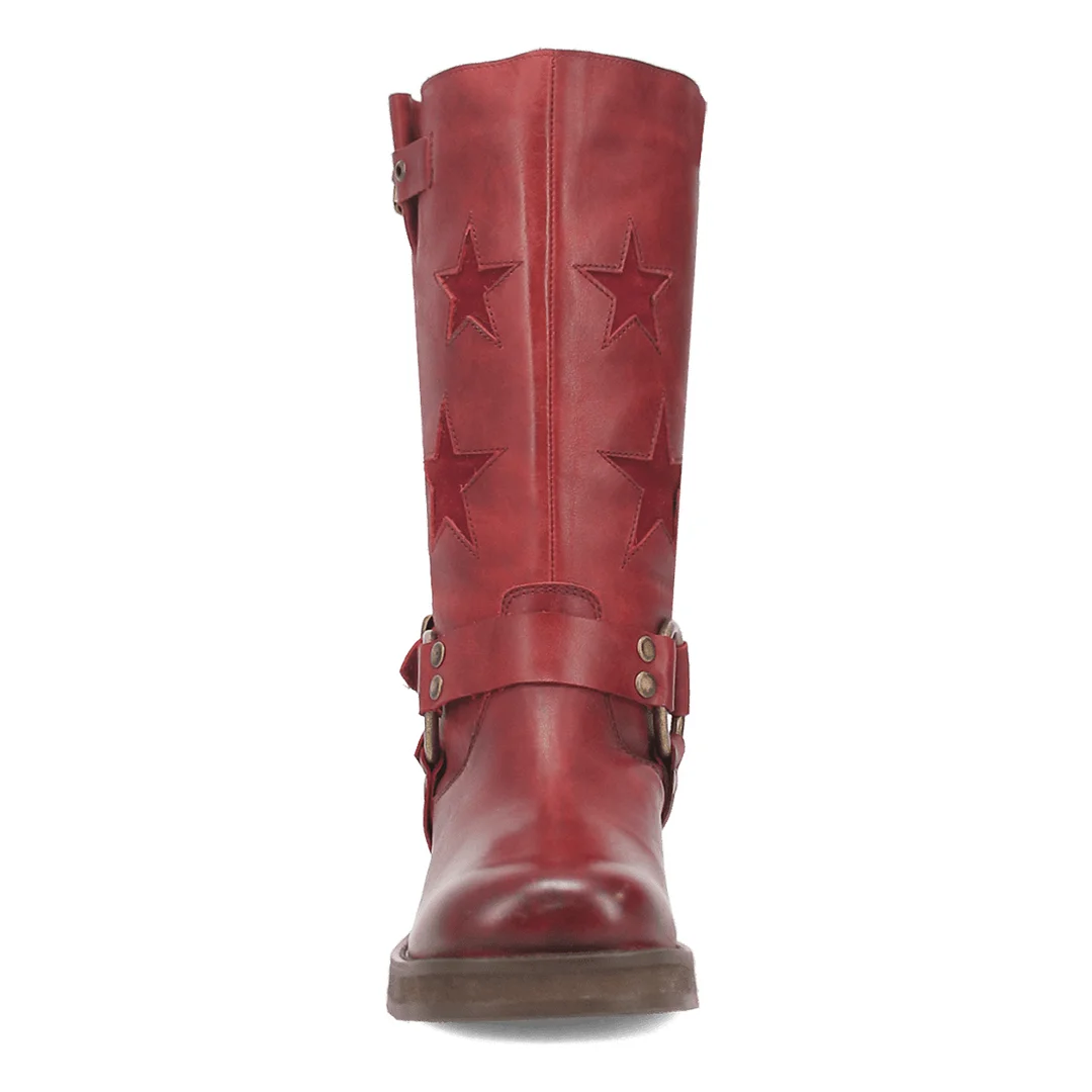 Maroon Vegan Leather Round Toe Star Inlay Studded Buckle Cowgirl Boots