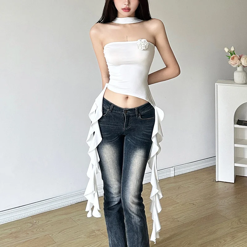 Uveng 2024 Summer New Women's Fashion Pure Color Fashion Sexy Hanging Neck Umbilly Tied With Chest Small Vest