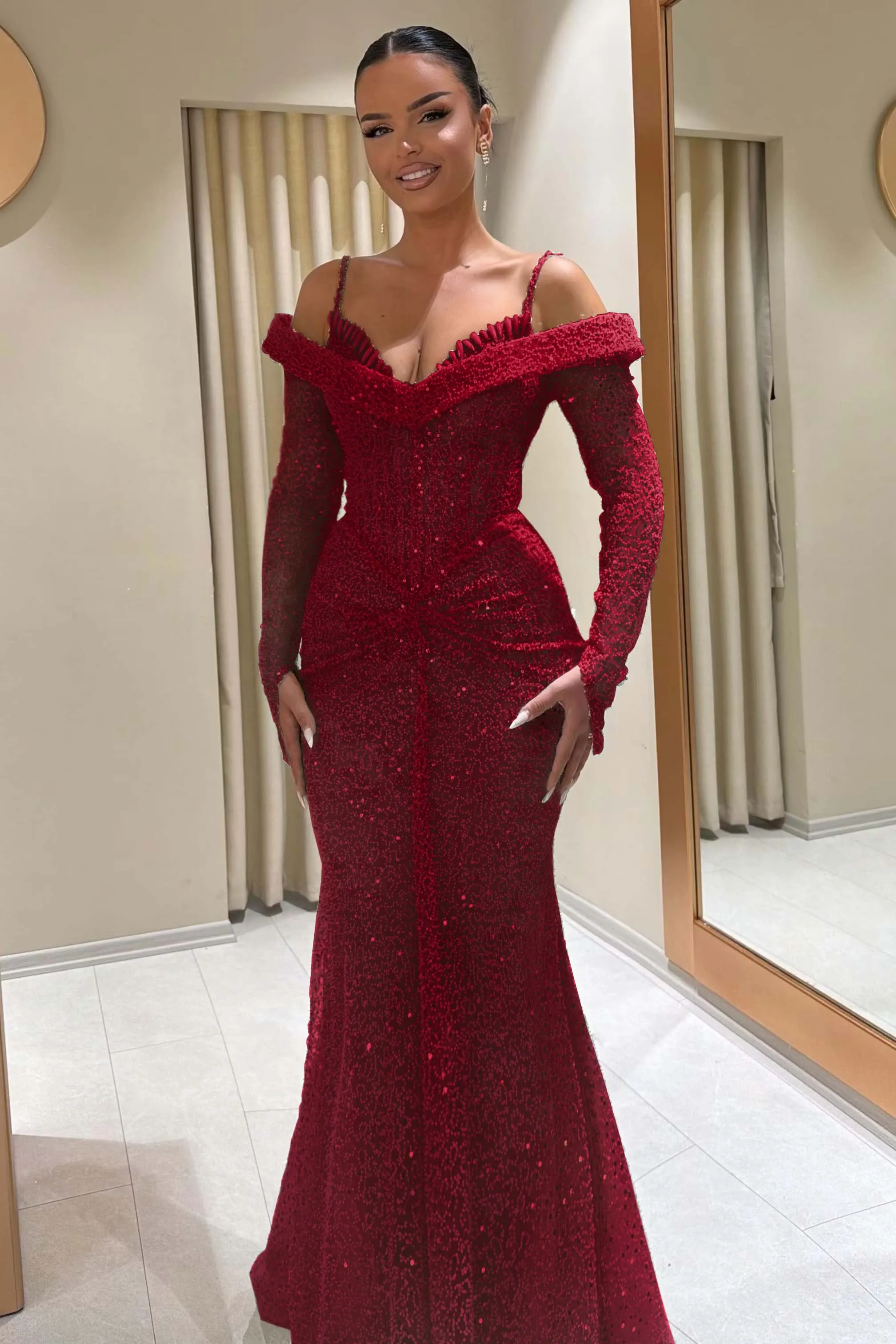 Lussooy Gorgeous Sage Spaghetti Strap Beading Long Sleeves Sequins Sheath Prom Dress 