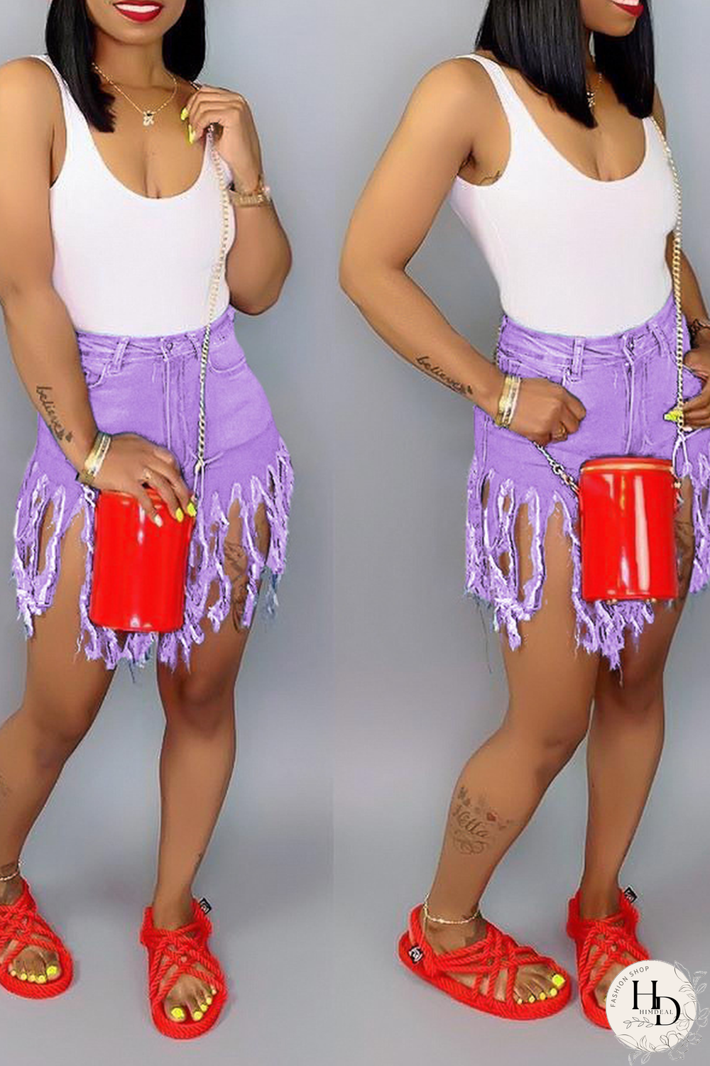 Blue Denim Button Fly Zipper Fly Mid Solid Patchwork Tassel Straight shorts