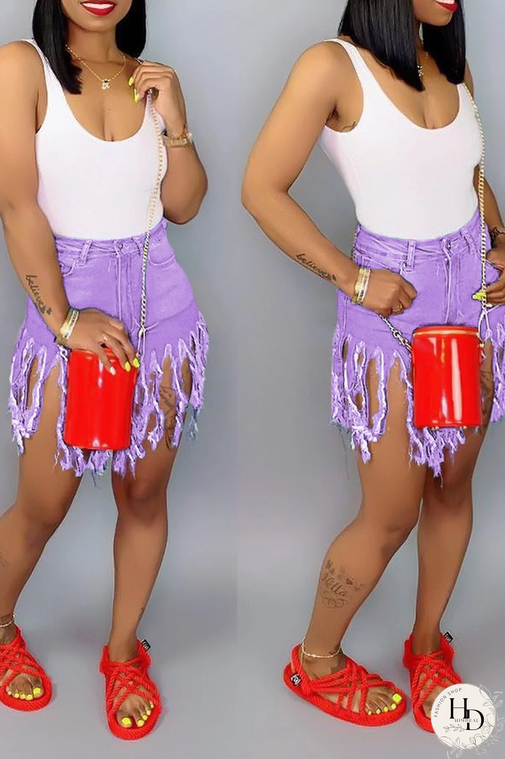 Blue Denim Button Fly Zipper Fly Mid Solid Patchwork Tassel Straight shorts