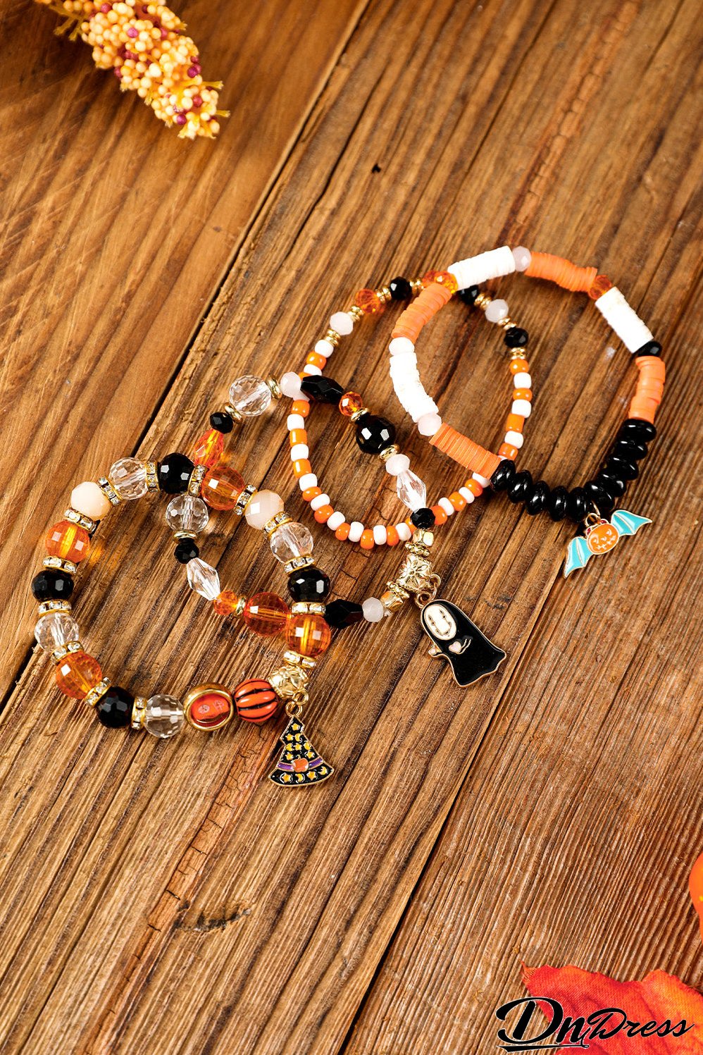 Orange Halloween Pumpkin Ghost Pendant Layered Beaded Bracelet Set