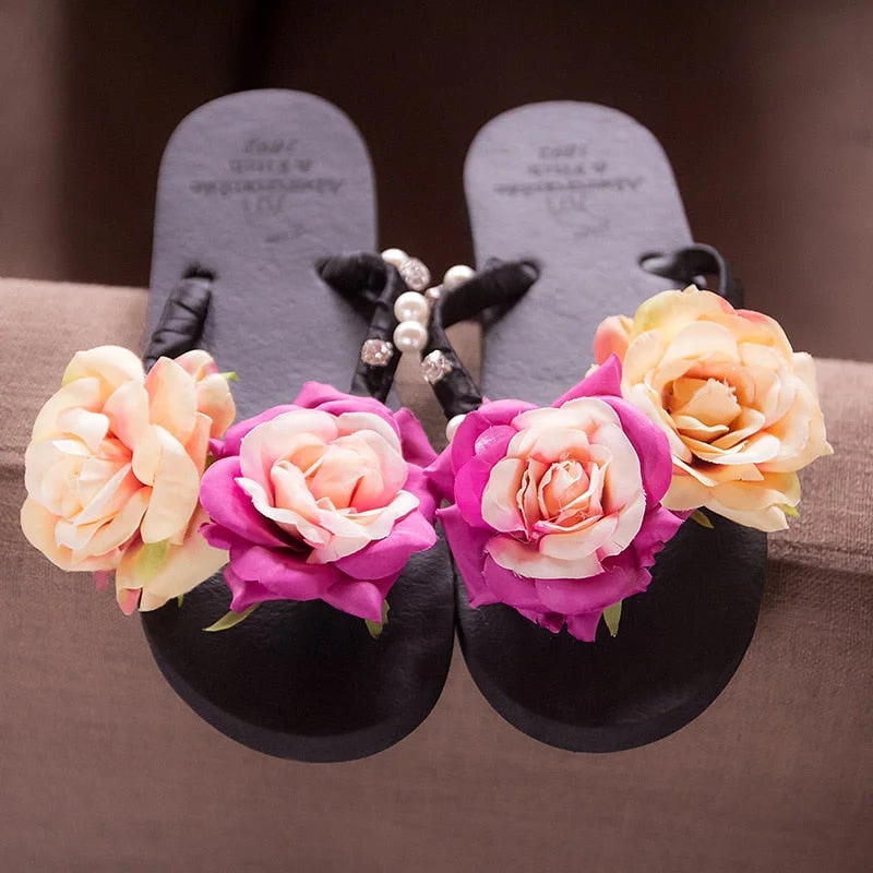 3cm High Heel Women's Summer Pure Handmade Flower Sandals Beach Vacation Flip-flops Womens Slippers Indoor  Flip Flops Women