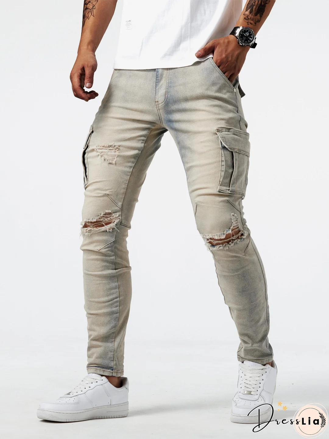 Slim Fit Multi Pocket Jeans, Men's Casual Street Style High Stretch Denim Cargo Pants