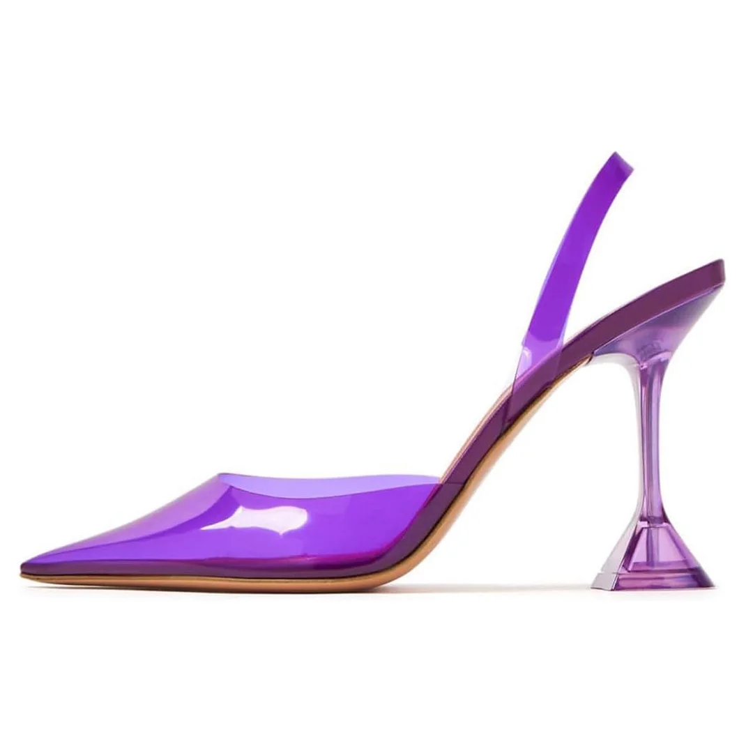Women's Flared Heel Pointed Toe Purple Clear Slingback Heels