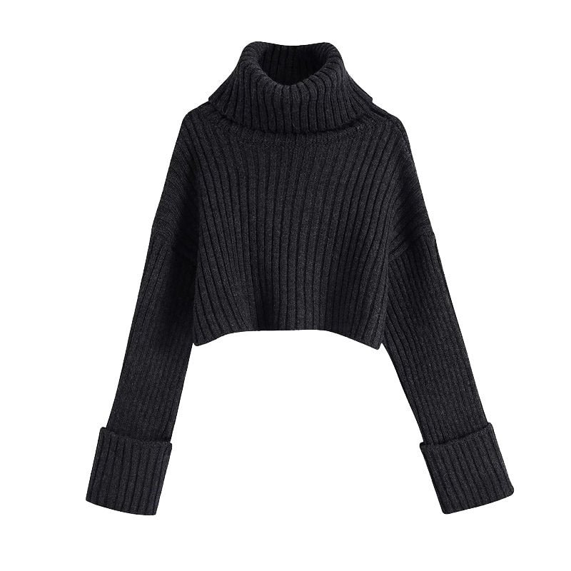 TRAF Women Fashion Thick Warm Cropped Knitted Sweater Vintage High Neck Long Turn-up Sleeves Female Pullovers Chic Tops