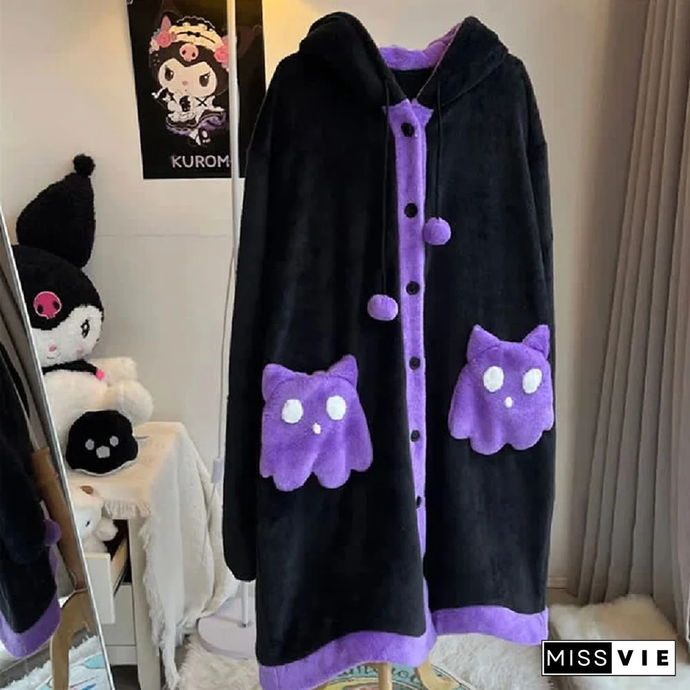 Cartoon Ghost Cat Plush Hooded Pajamas Set