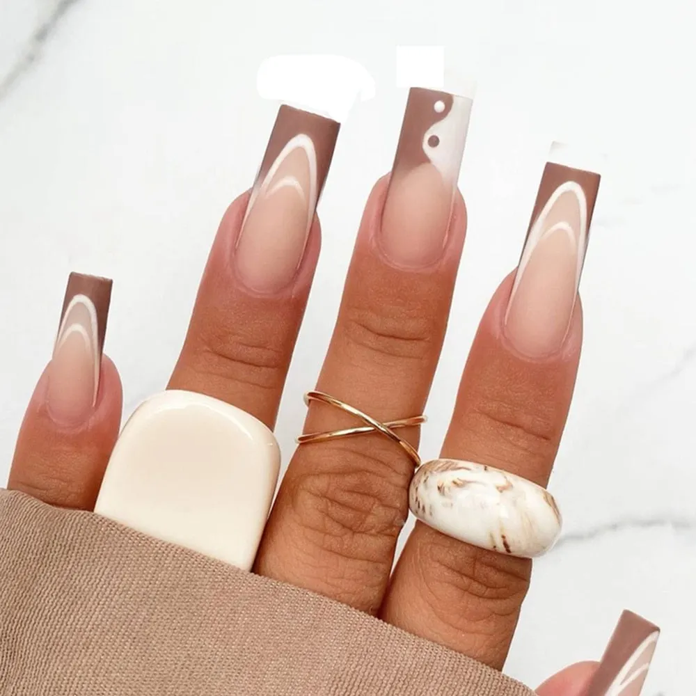 Extra Long Coffin Fake Nail Black And White Plaque False Nails French Ballerina Artificial Full Cover Nail Tips Press On Nail 515-1-Nail Inspo