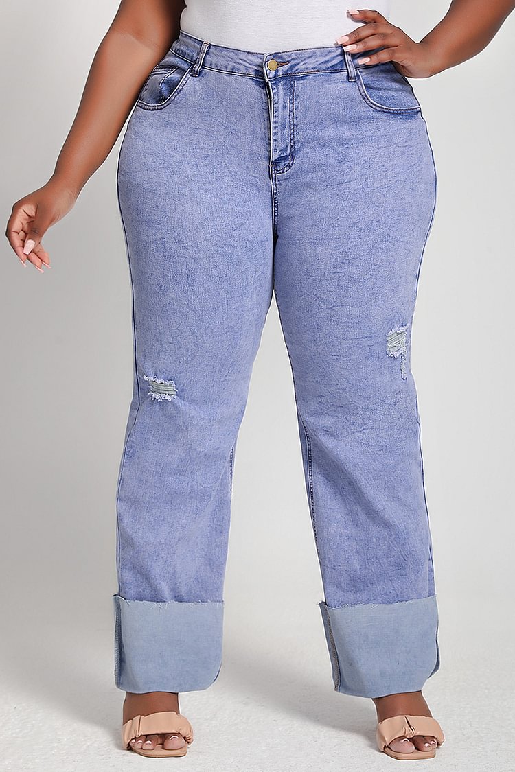Xpluswear Design Plus Size Blue Denim High Waist Cuffed & Undone Mom Jeans