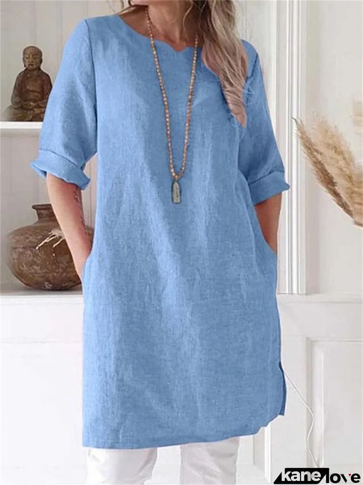 Women's Retro Short-Sleeved Round Neck Solid Color A-Line Dress