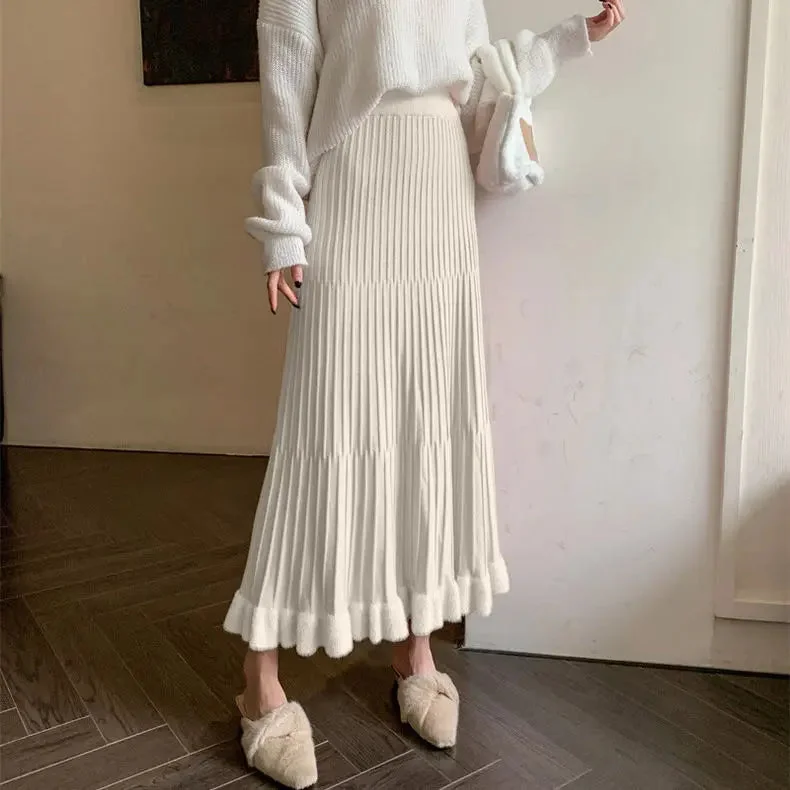 Toloer Pleated Patchwork Mid-length A-line Knitted Skirt-Outfit Ideas