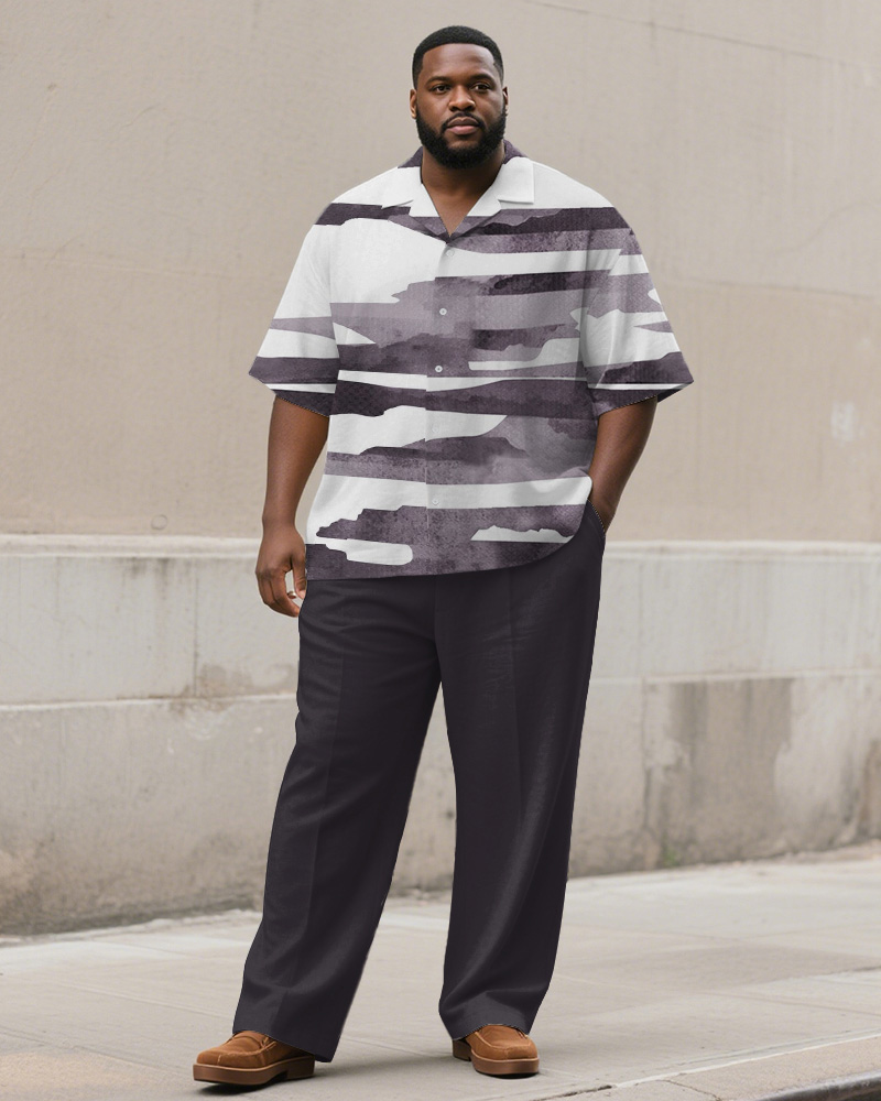 Men's Plus Size Simple Purple Abstract Color Block Print Short Sleeve Shirt Trousers Suit