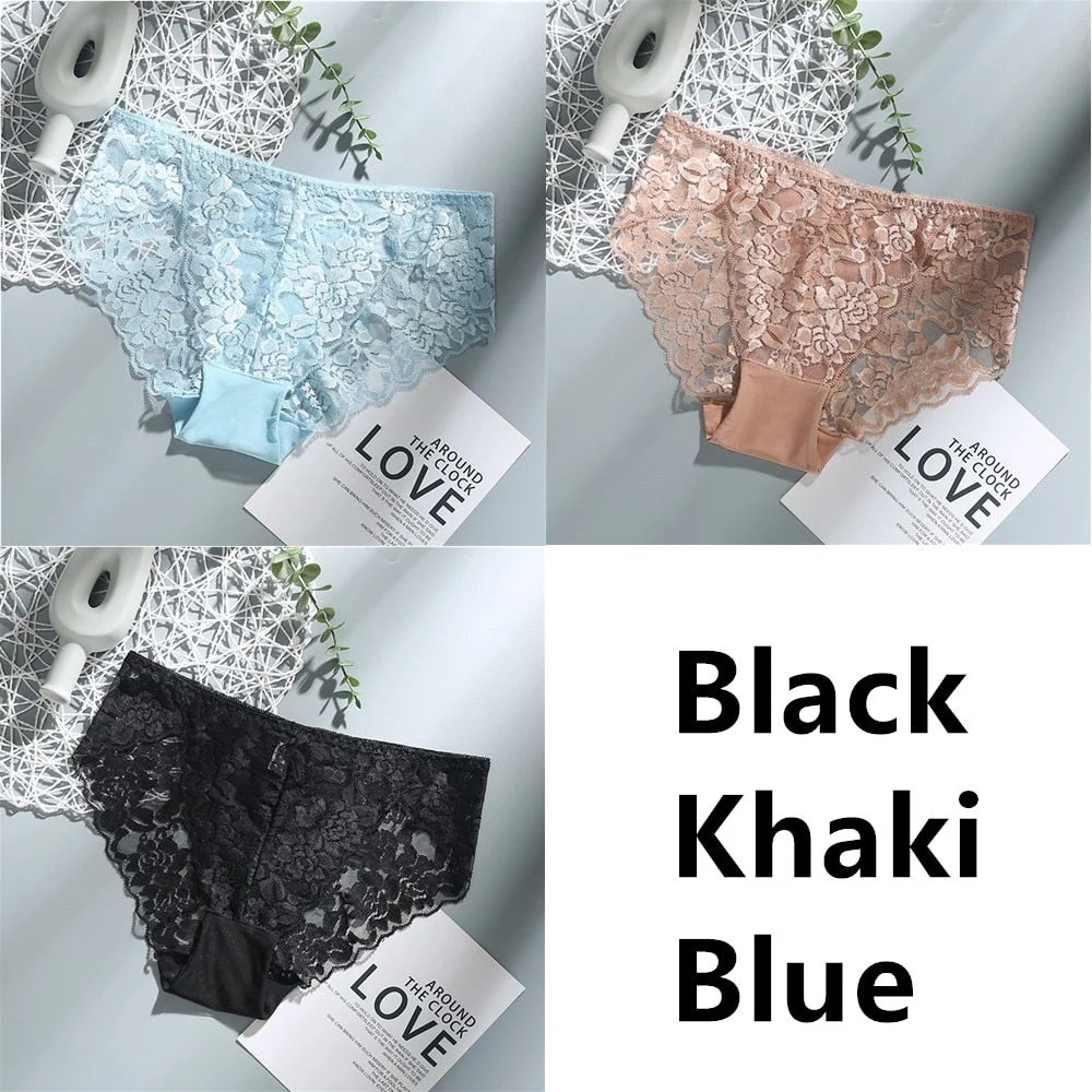 3Pcs Sexy Low Waist Women's Underwear Lace Plus Size Seamless Panties Breathable Lingerie Female Briefs Solid Hollow Underpants