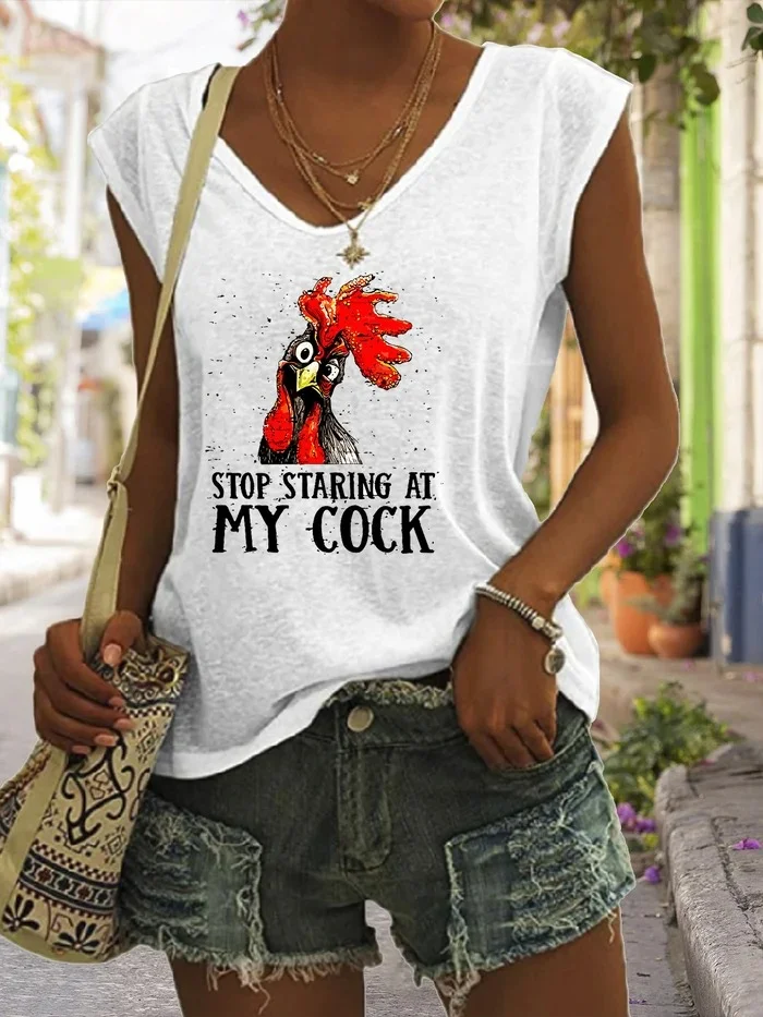 Women's Stop Staring At My Cock V-Neck Sleeveless Tee