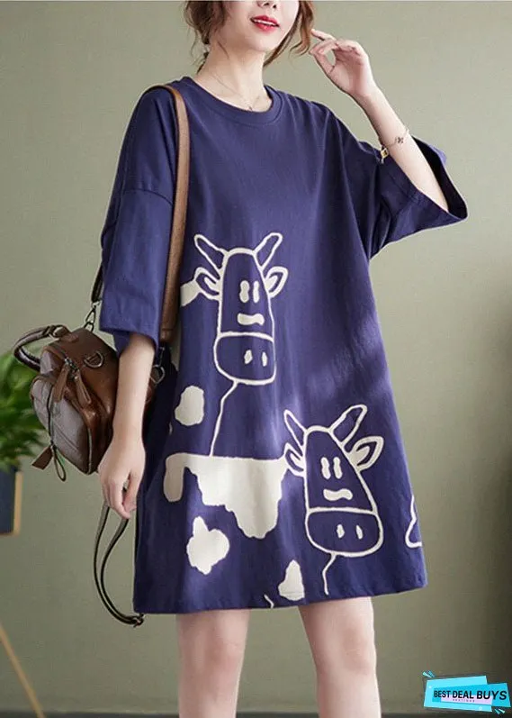 Plus Size Blue O-Neck Cow Print Cotton Vacation Dresses Short Sleeve