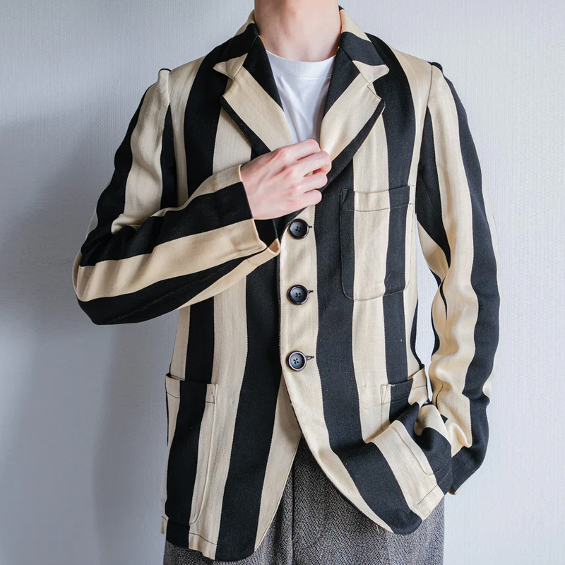Men's Vintage Black and White Striped Single Breasted Suit Jacket