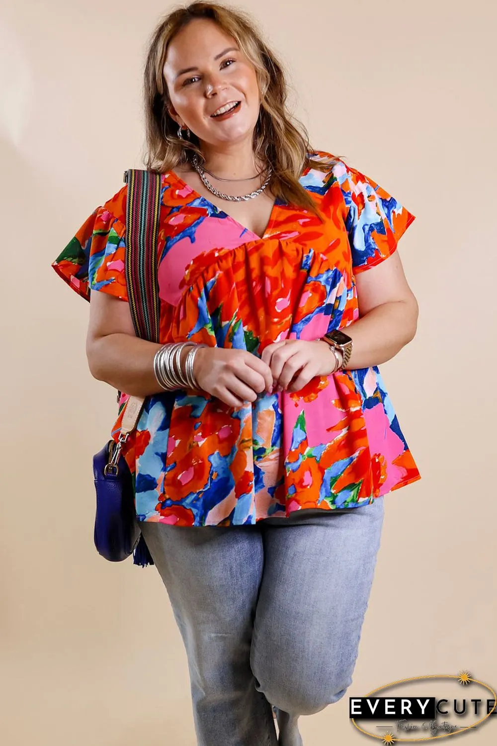 Red Abstract Floral Print V Neck Plus Blouse