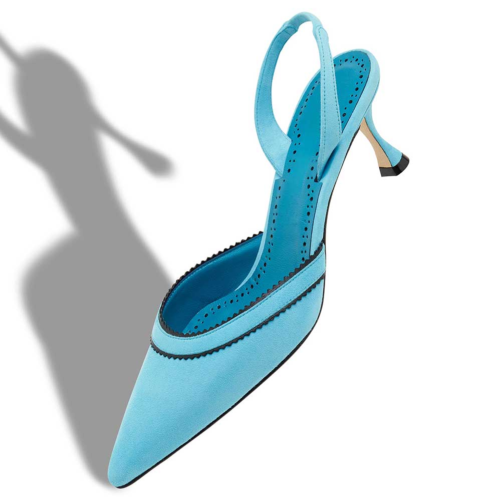 Vegan Suede Pointed Toe Slingback Pumps with Flared Heel in Blue Nicepairs