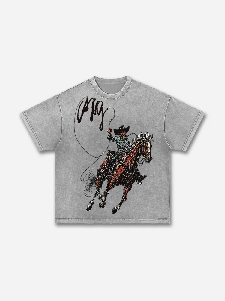 Simpfit Herren Vintage Western Cowboy Grafik Acid Wash T-Shirt