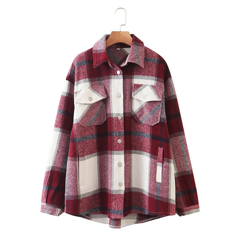 Fitshinling Vintage Checker Blouse Shirt Women Pockets Long Sleeve Tops 2021 High Quality Plaid Oversized BF Shirts Female Sale