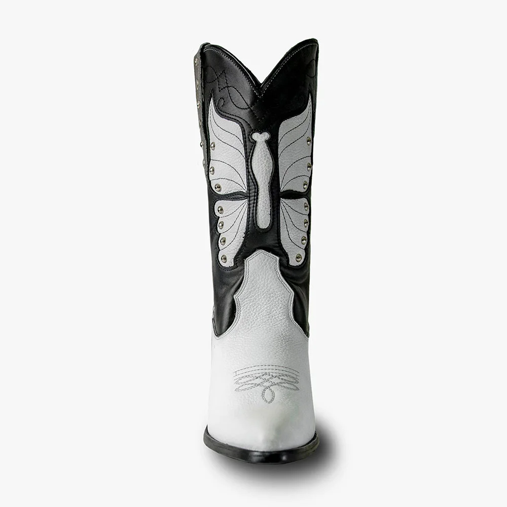 Black & White Pointed Toe Chunky Heel Studded Western Boots for Women