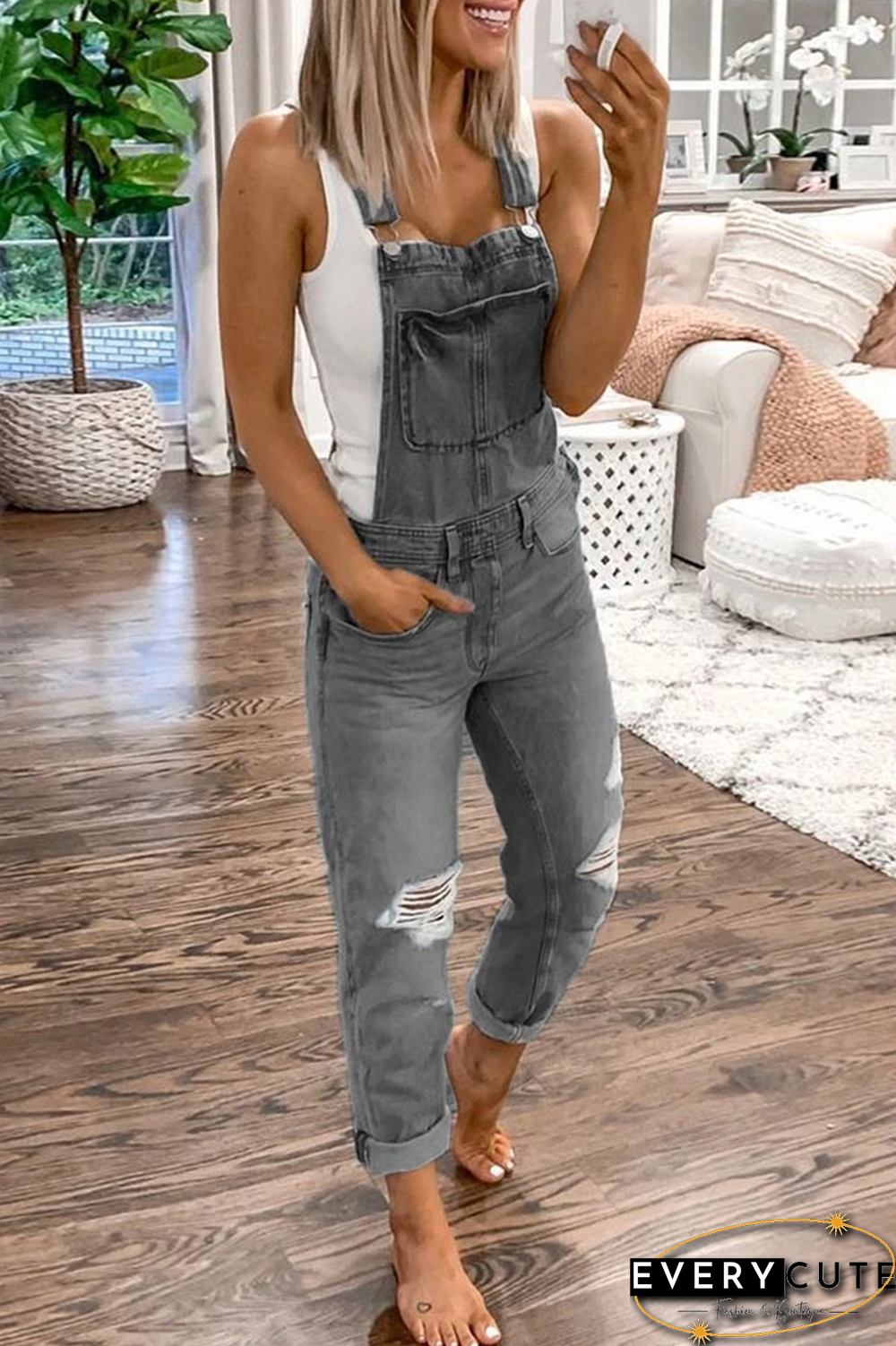 Distressed Denim Plus Size Jumpsuit