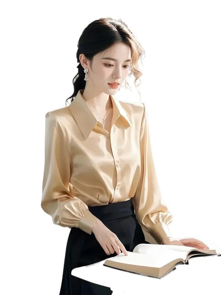 Athvotar Athvotar Luxury High-End Champagne Color Color Color At-Alcoat Dress Female Spring French Polo Collar Acetic Acid-Singing Noodles Professional Top