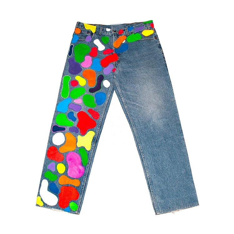 Multicolored Asymmetric Print Denim Jeans