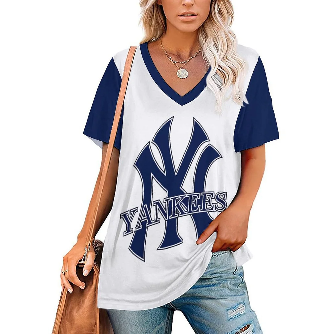 V-neck Short Sleeve Casual T-shirt for  Women Printed with Pattern ,Blue