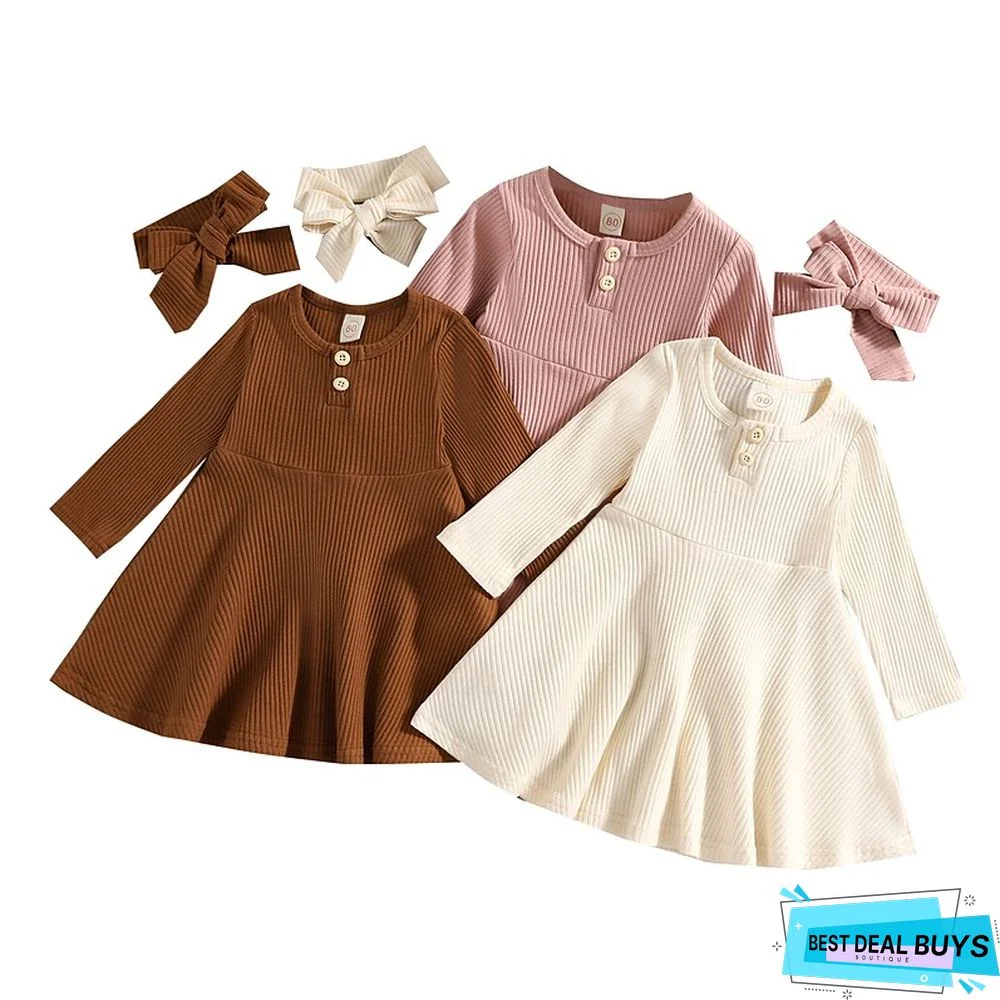 Kids Girls' Dress Solid Colored A Line Dress Above Knee Dress Vacation Cotton Long Sleeve Beautiful Dress 1-5 Years Winter Pink Brown White